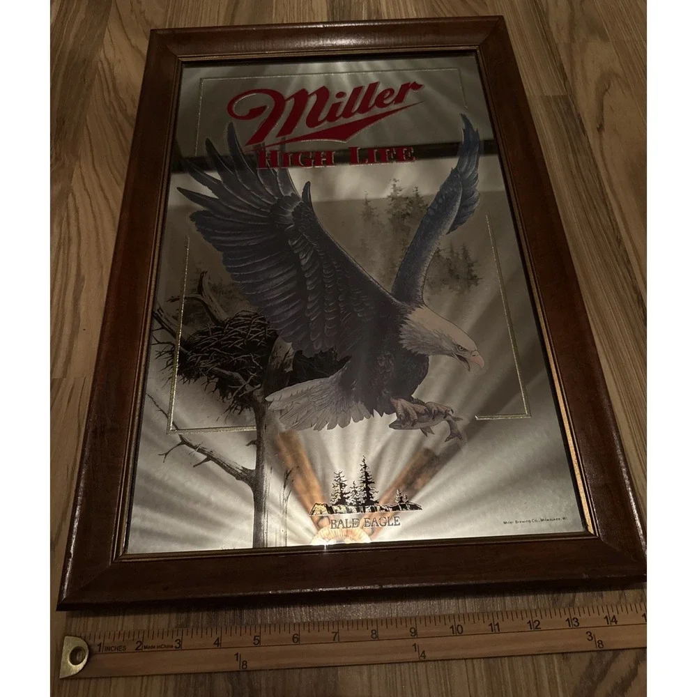 Vintage Miller High Life Bald Eagle Mirror Sign – Wildlife Series – Framed – USA